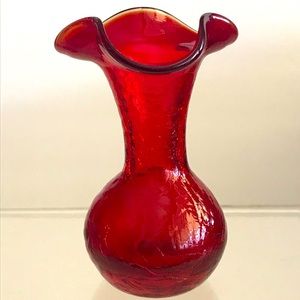 Cranberry Crackle  Glass Hand Blown Art Glass With Ruffled Rim - Vintage